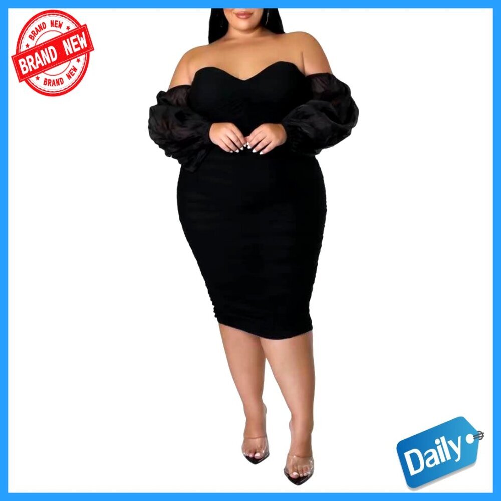 Off Shoulder Mesh Long Sleeve Bodycon Ruched Midi Dress Elegant Party Cocktail